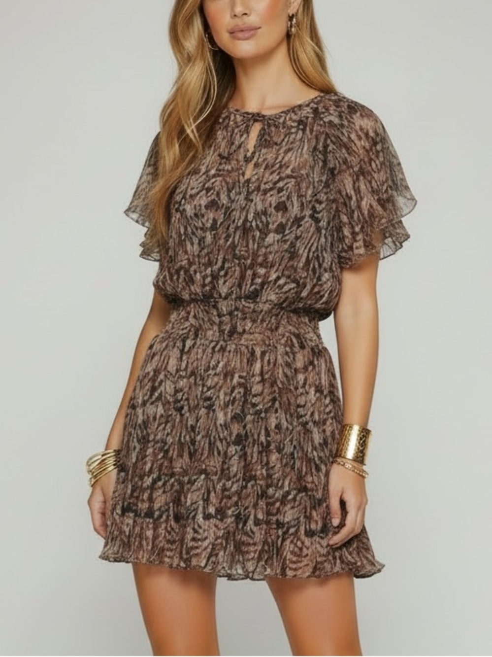 NWT RAMY BROOK Brown Pattern Short Sleeve Smocked Waist Ruffle Dress Size Small